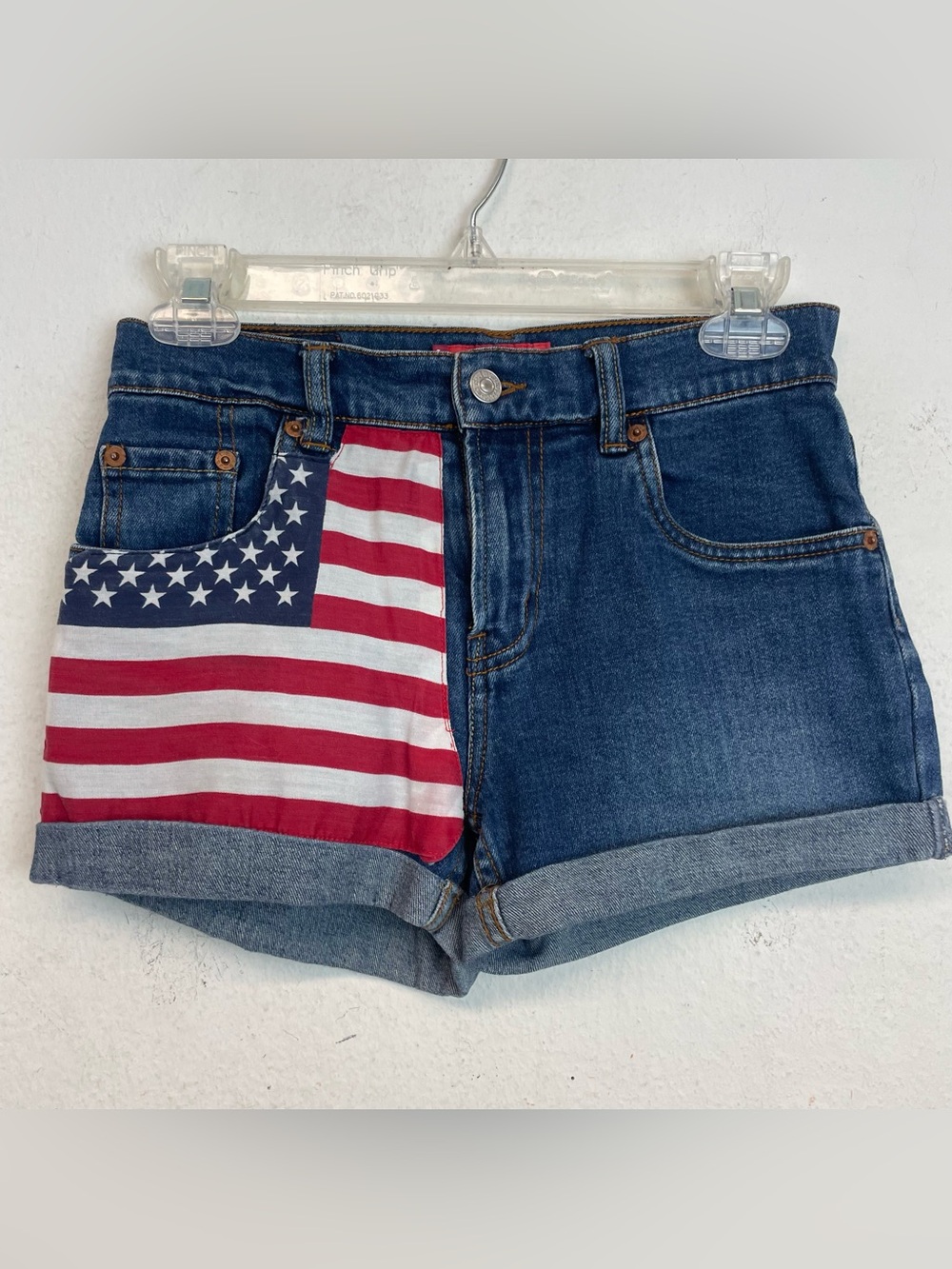 High-Rise Denim Shorts with American Flag Accent - Blue & Red
